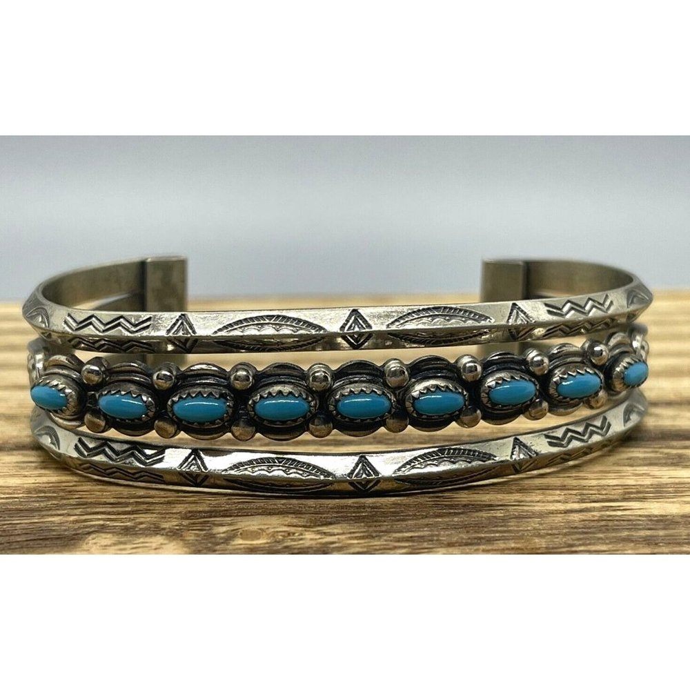 Vintage Fred Harvey BELL - NICKEL SILVER CUFF BRACELET w/ TURQUOISE Stones